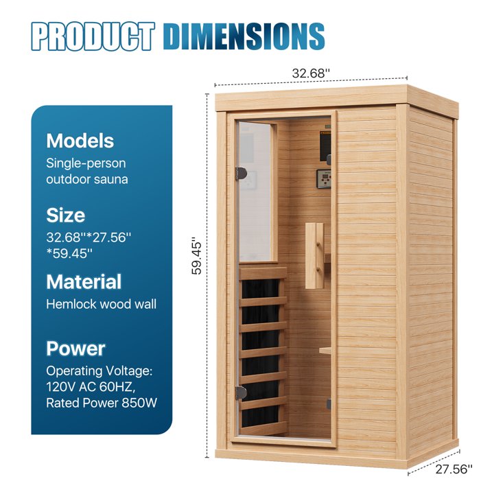 Sunmthink Full Spectrum Infrared Sauna ， 1-Person Home Sauna 850W Hemlock Wood Spa with Resonance Speaker & Tempered Glass