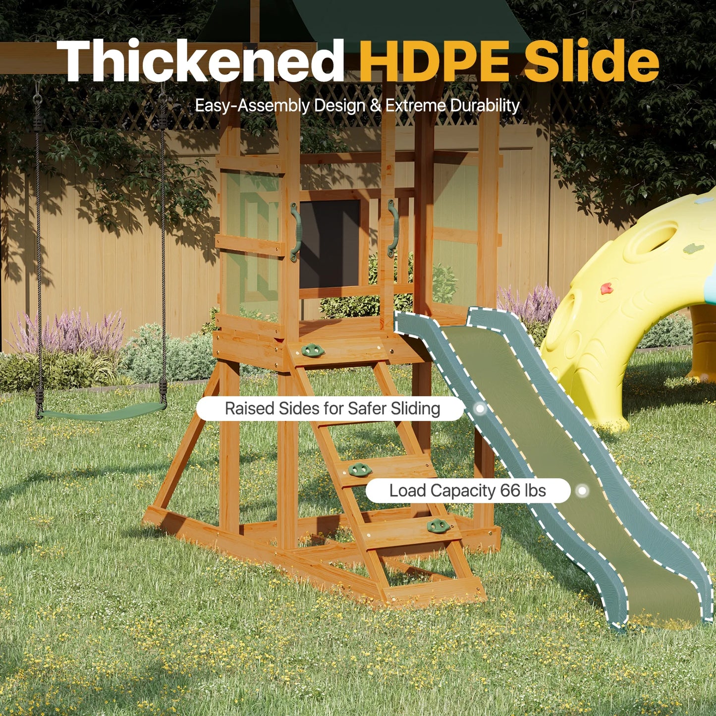 Clouddwell Wooden Swing Set for Backyard Playground Swingset with Slide Kid Outdoor Play Set with Play Deck, Rock Wall Ladder, Belt Swings, Chalkboard