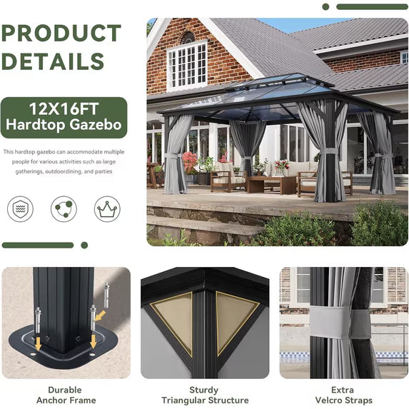 Aoxun 12'x16' Hardtop Gazebo, Aluminum Frame Permanent Pavilion with Curtains and Netting, Outdoor Polycarbonate Double Roof Canopy, Designed for Garden, Lawns, Patio