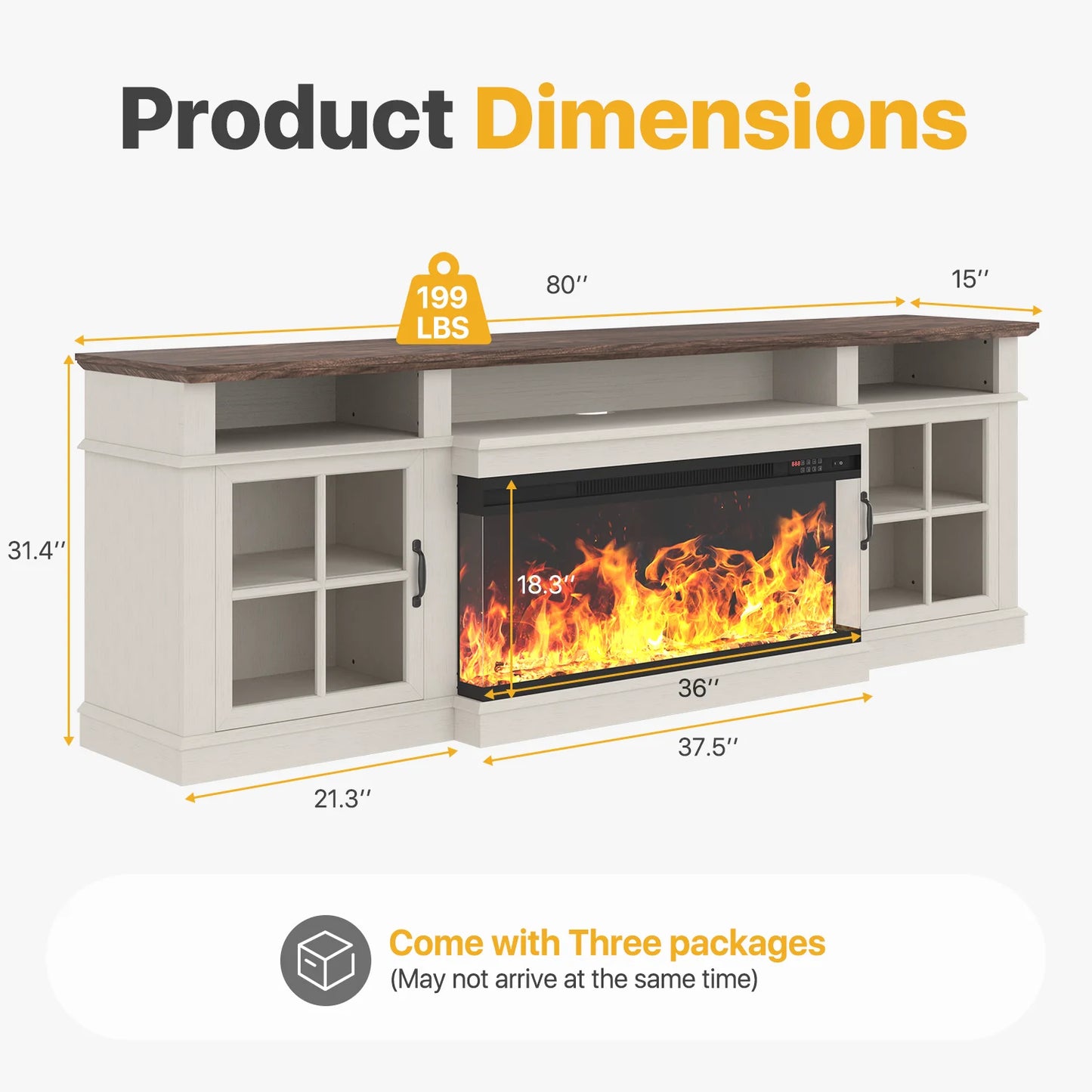 Sonegra 80 inch Fireplace TV Stand for TVs up to 90" with Electric Fireplace, Farmhouse Entertainment Center with LED Lights and Glass Door, Modern TV Consoles for Living Room, White