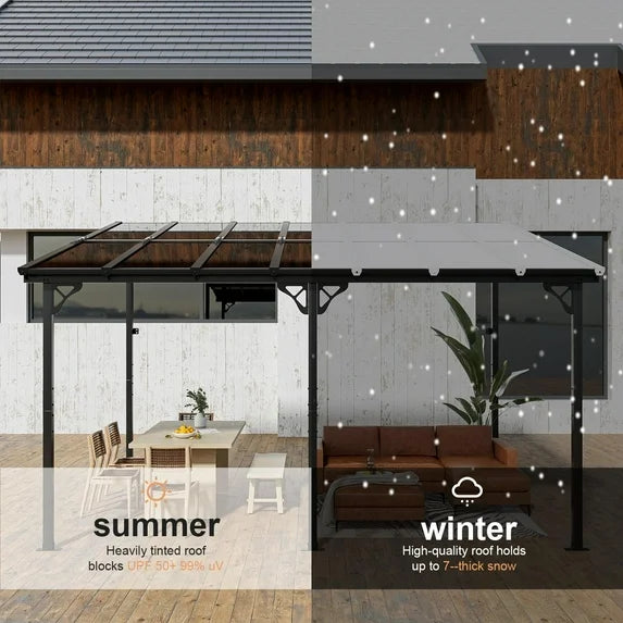 Sunmthink 10'x14' Hardtop Gazebo, Outdoor Wall-Mounted Aluminum Pergola with Sun Panels for Garden, Patio, Backyard, Gray