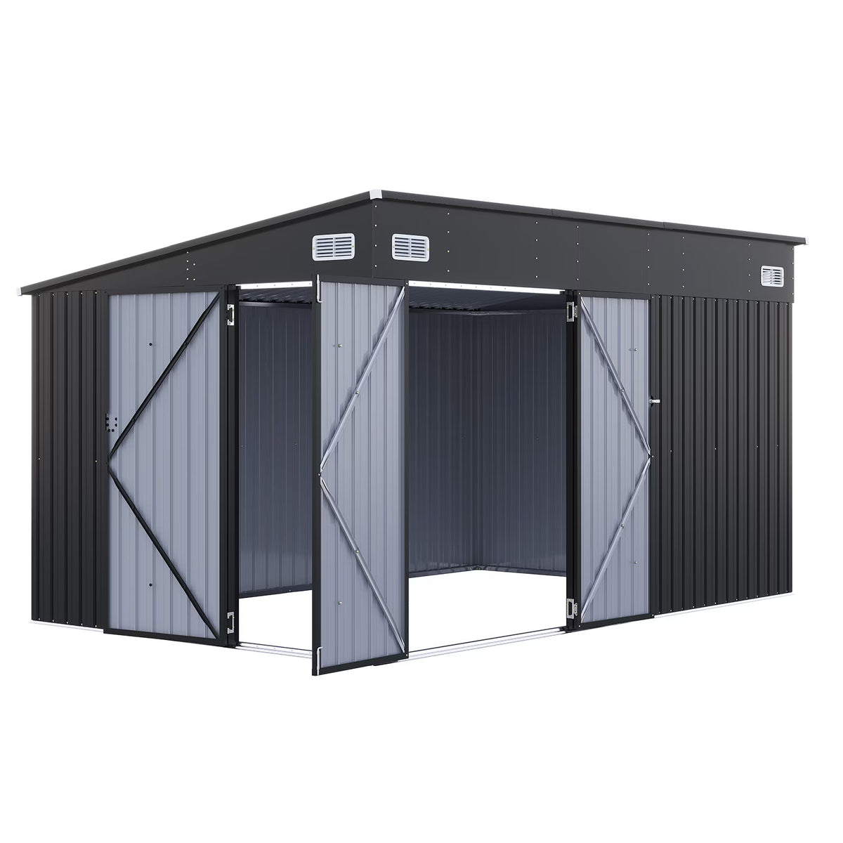 Dateyes 12' x 8' Metal Storage Shed with Triple Doors, Lockable Lean-to Design & Vents, Black