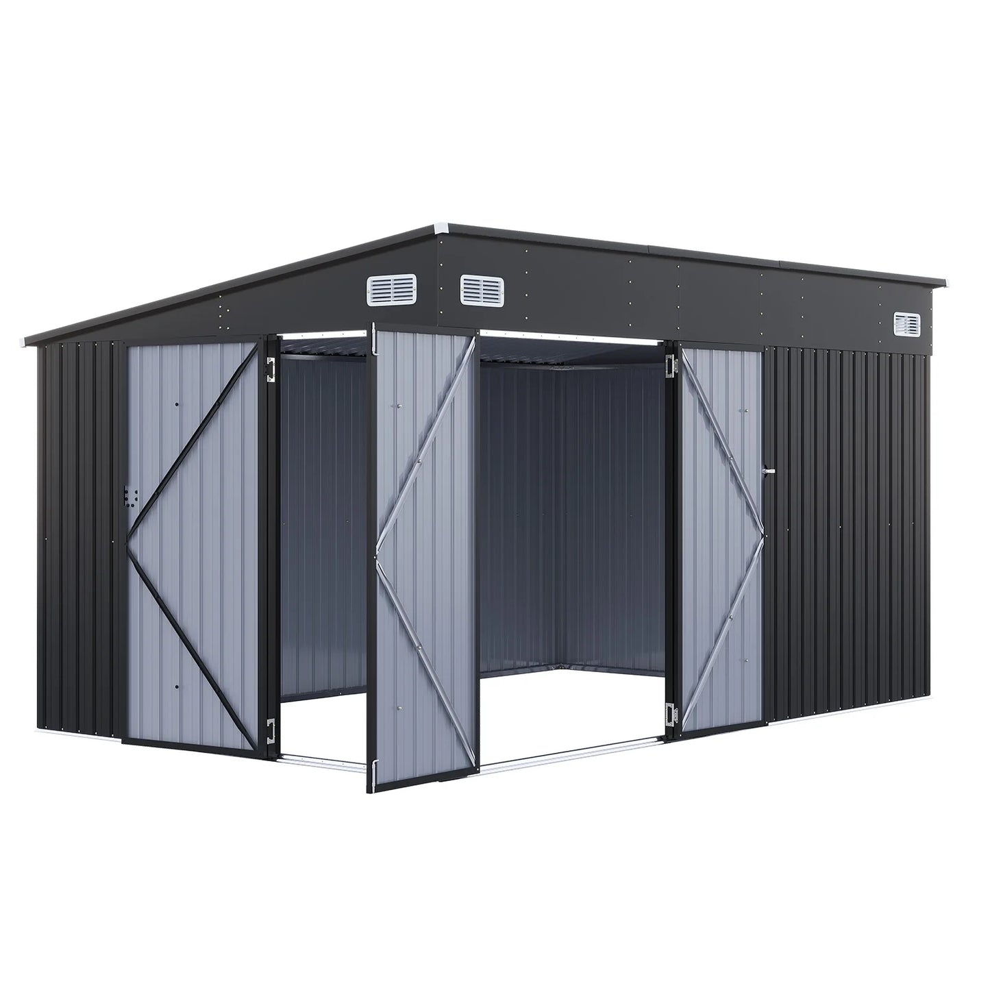 Clouddwell 12ft x 8ft Heavy-Duty Metal Storage Shed with 3 Doors, Lockable Lean-To Design, Weatherproof for Garden & Tools (Black)