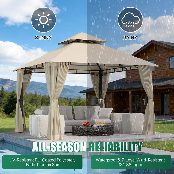 LazySunsets 10'x 10' Patio Gazebo Double Roof Protection All-Weather Outdoor Shelter Features Insect Screens for Backyard, Lawn, (Beige)