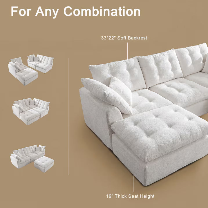 Sonegra 112" Oversized Modular Sectional L Shaped Sofa, Wide & Deep Seat Boneless Cloud Couch With Multi-Purpose Round Pillow, No Assembly (White)