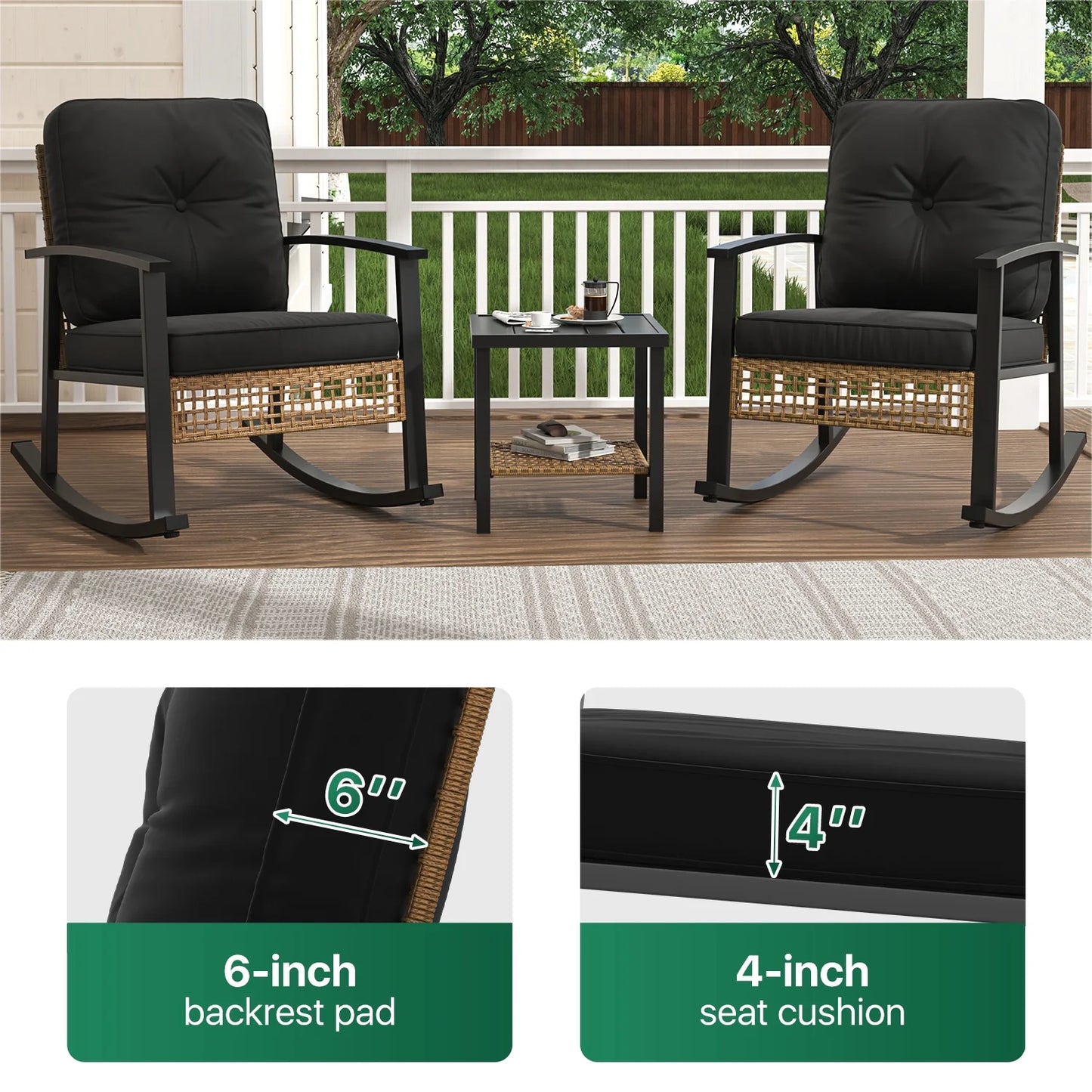 Clouddwell 3-Piece Patio Furniture Set,Steel Rocking Chair with Comfortable Cushions and Coffee Table.for Garden,Yard Black