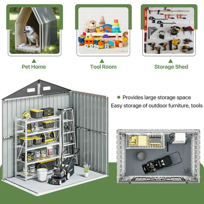 Sunmthink 6X4FT Outdoor Storage Shed with Plastic Floor, Metal Tool Shed with Lockable Door and Vents, Patio Shed for Garden, Backyard, Poolside, Brown