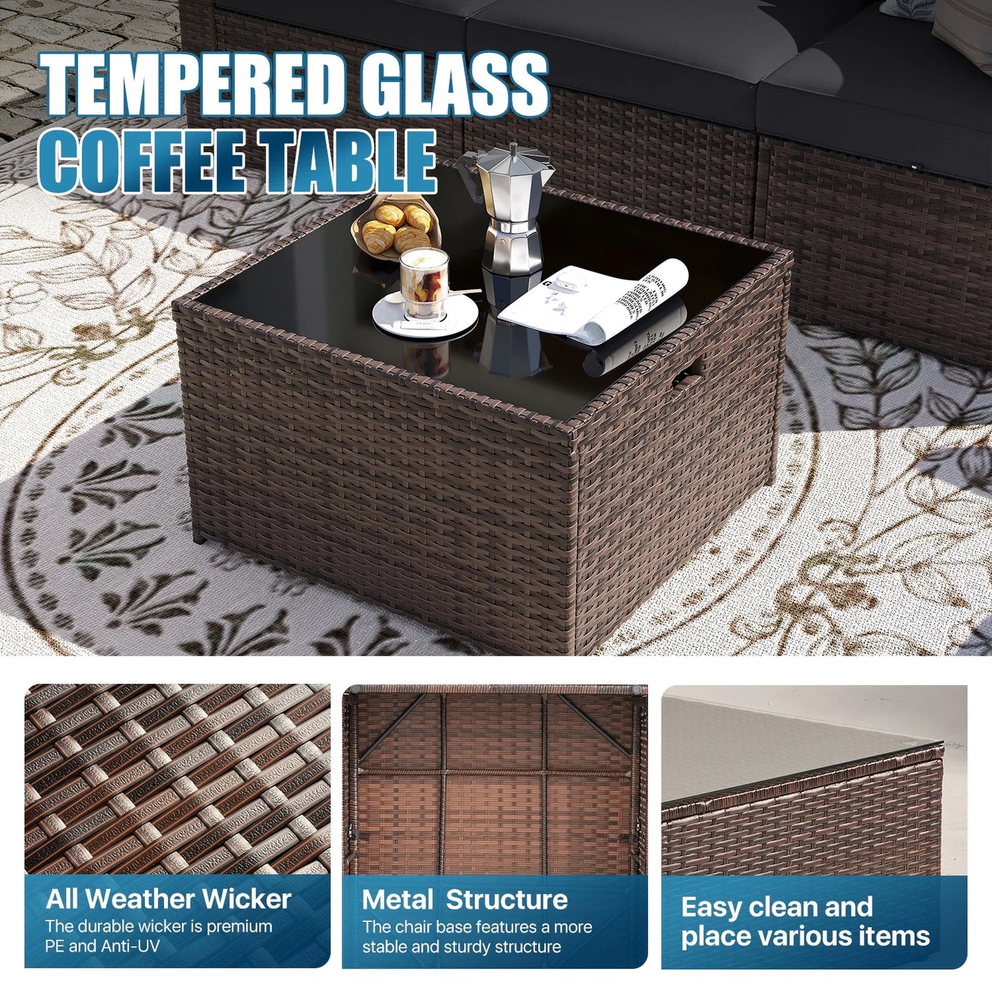 Sunmthink Patio Furniture Sets, 12-Piece Outdoor Patio Furniture with 44'' Propane Gas Firepit Table, Wicker Outdoor Conversation Set and Waterproof Cover for Backyard, Poolside, Garden