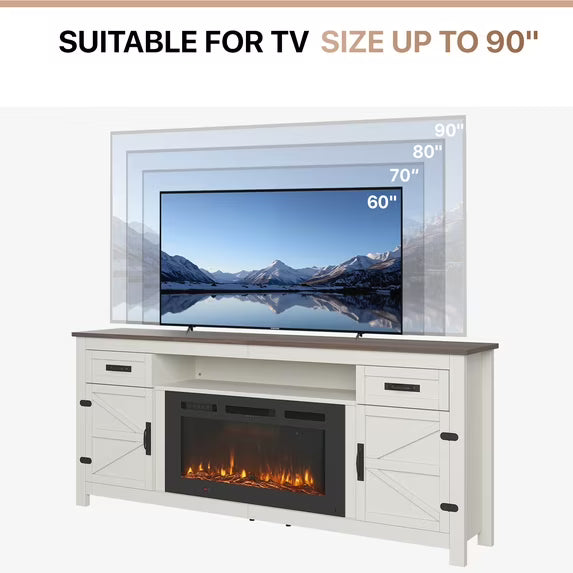 Sonegra 80" Fireplace TV Stand, Entertainment Center for TVs Up to 90”, TV Console with Storage Cabinets, Media Console for Living Room, White TV Stand and Black Fireplace, White
