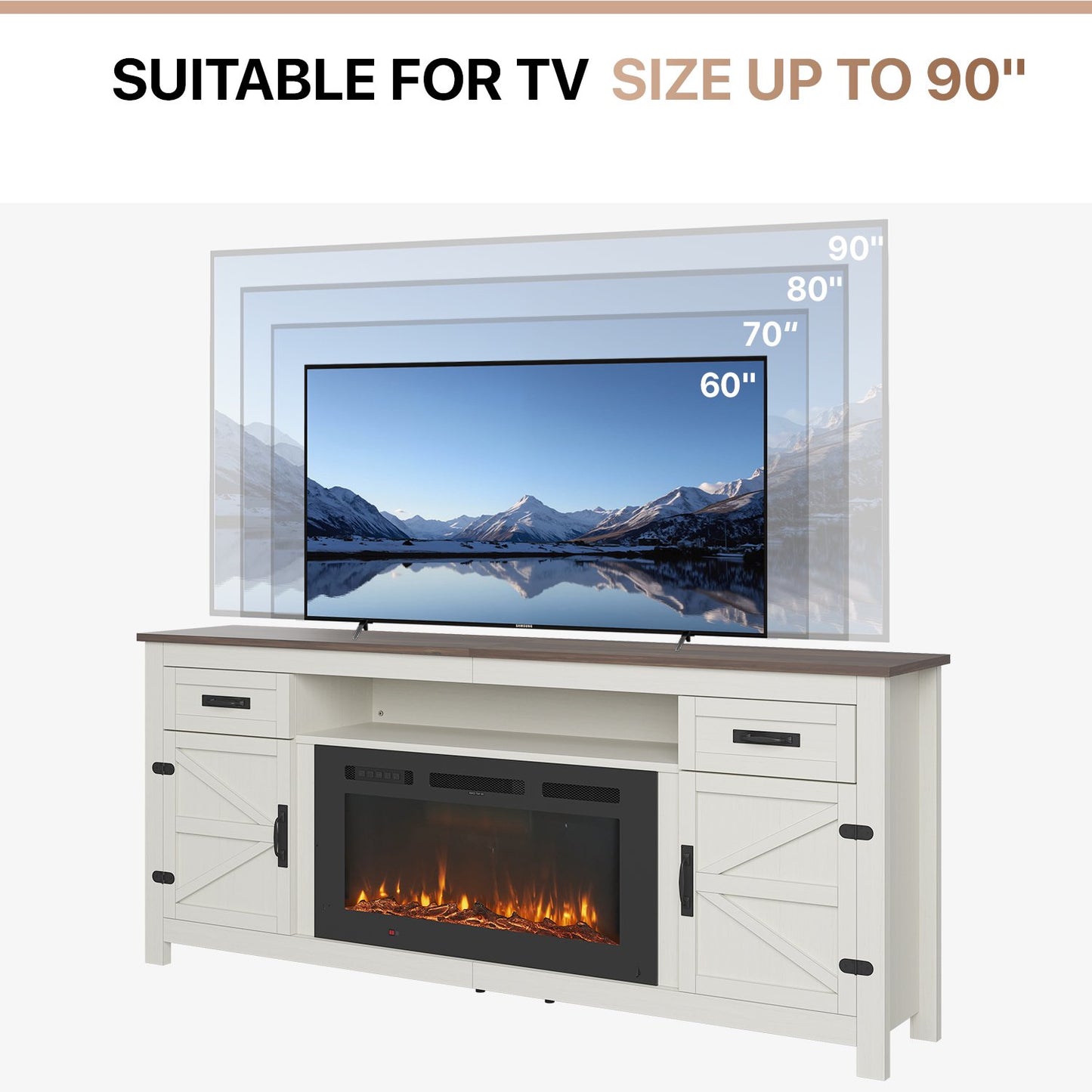 Sonegra 80" Fireplace TV Stand, Entertainment Center for TVs Up to 90”, TV Console with Storage Cabinets, Media Console for Living Room, White TV Stand and Black Fireplace, White