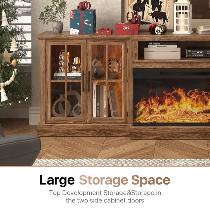 Sonegra 98" Farmhouse TV Stand with Fireplace for TVs up to 100", Media Entertainment Center with Adjustable Shelves and Large Storage Cabinets, for Living Room, Brown