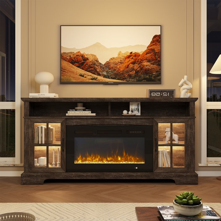 Sonegra Fireplace TV Stand with Glass Door for TVs up to 80", 70" Entertainment Center with Fireplace, Media Console for Living Room, Gray