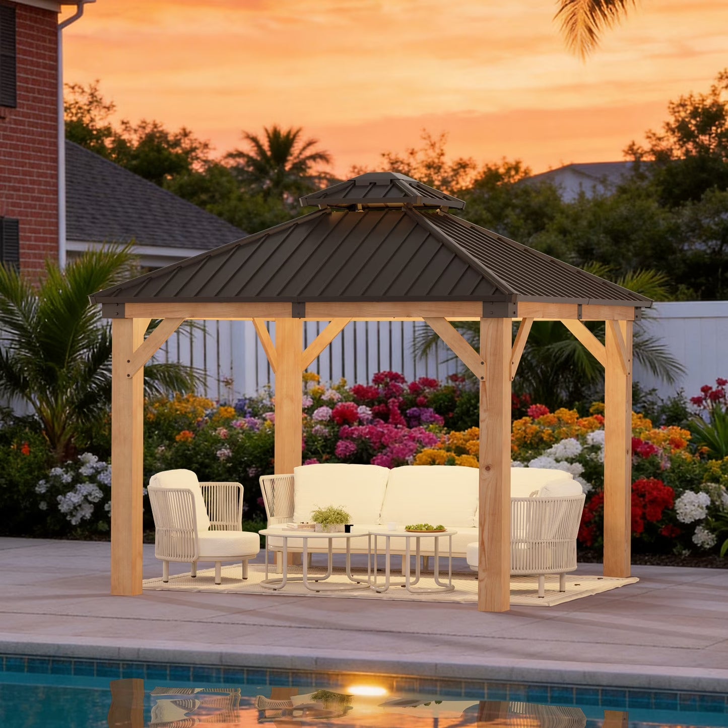 Sunmthink 10'x10' Outdoor Hardtop Gazebo, Cedar Wood Pavilion with Galvanized Steel Double Roof, for Patio, Garden, Deck