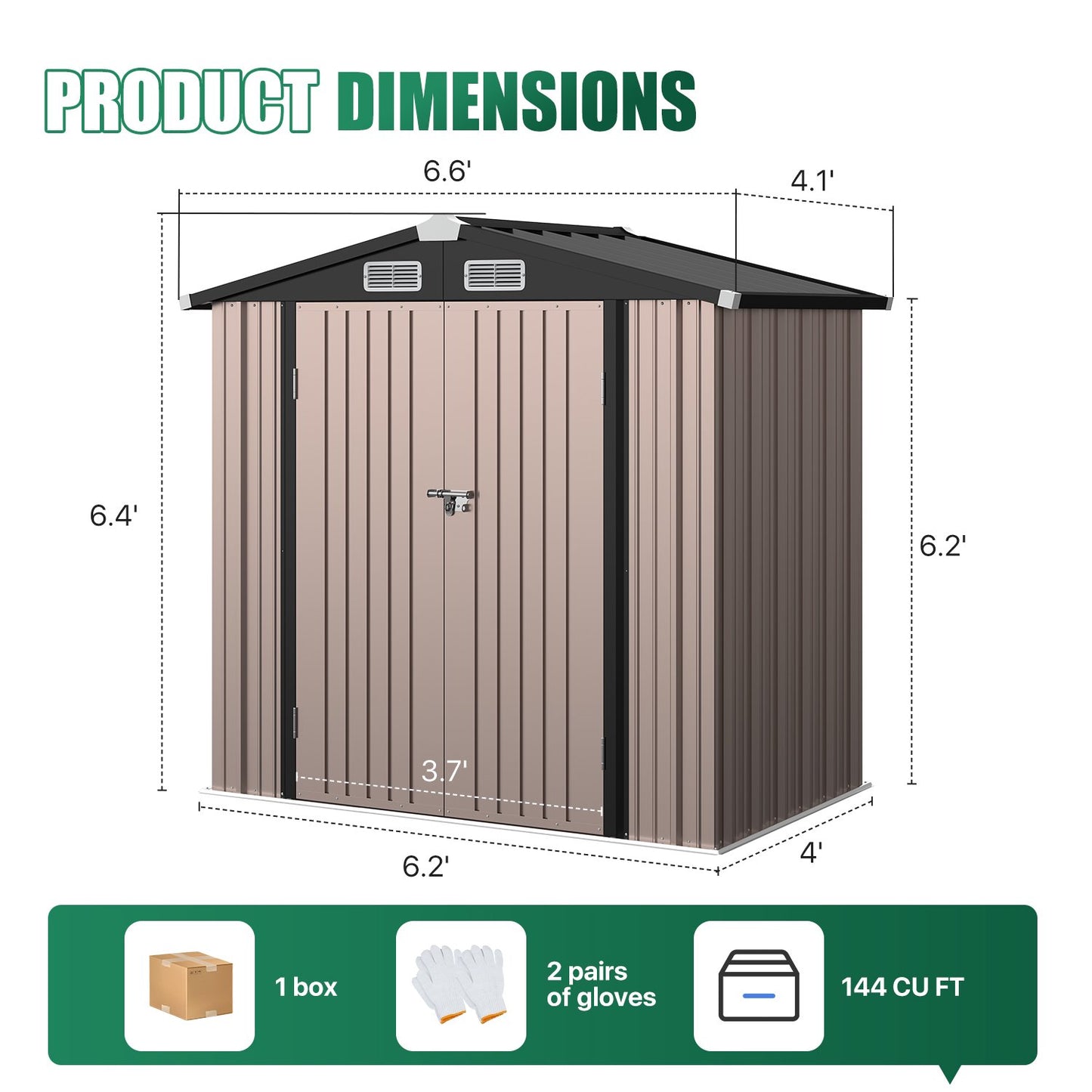 Clouddwell 6.2x4ft Galvanized Steel Storage Shed with Floor & Double Doors - Brown
