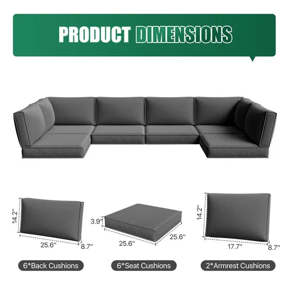 Clouddwell 14-Piece Premium Outdoor Cushion Set, High-Resilience Waterproof Cushions for 6-Seat Wicker Sectional, Comfort Upgrade (Dark Gray)