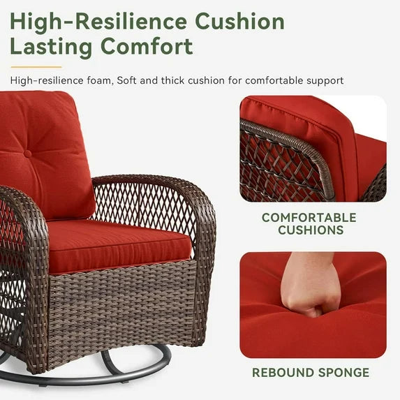 Aoxun 3 Pieces Patio Furniture Set, Patio Swivel Rocker Chairs Set of 2, Wicker Outdoor Bistro Set with Rocking Chair, Thickened Cushions and Table for Porch (Red)