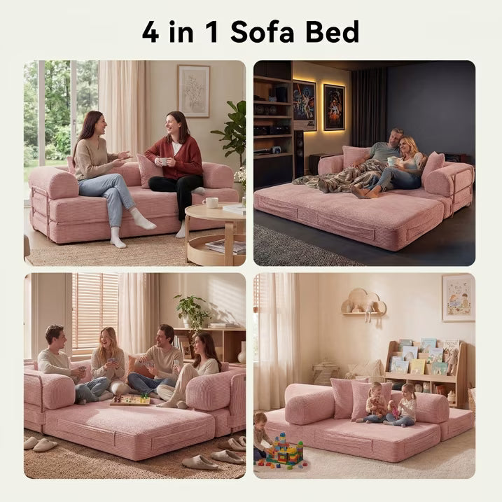 LazySunsets Sofa Bed Convertible Boneless Couch Corduroy Modular Couch Bed with Fixed-Shape Frame & Removable Armrests for Living Room, Bedroom Pink