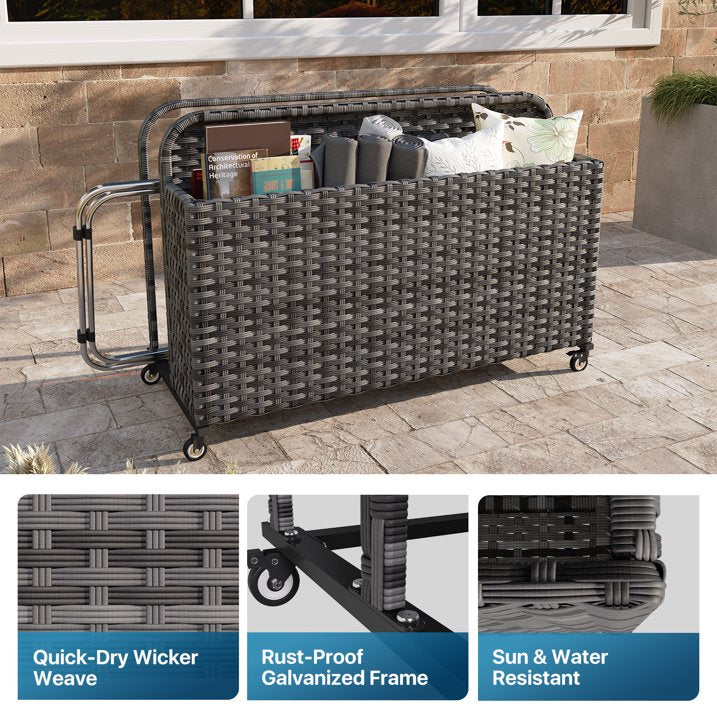 Sunmthink Outdoor Poolside Storage Cart with Wheels, 2-Tier Wicker Towel & Toy Organizer for Pool, Gray
