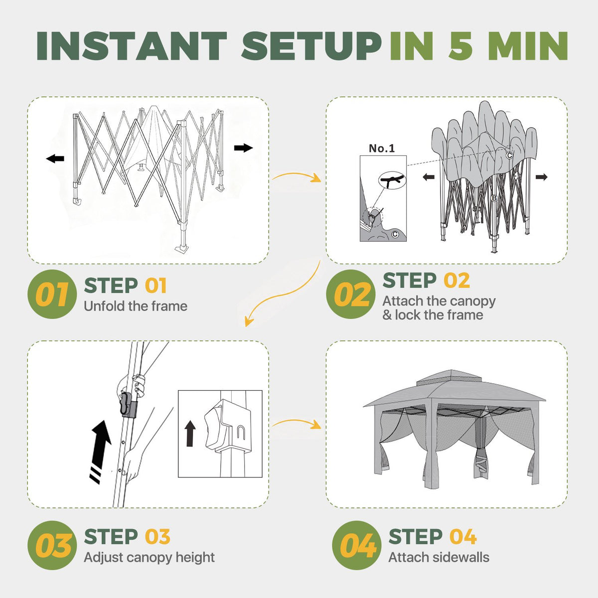 Dateyes 12x12 FT Pop Up Gazebo, Outdoor Gazebo Canopy with Mosquito Netting, 3 Adjustable Heights, Portable Patio Gazebo Tent for Backyard, Patio, Brown