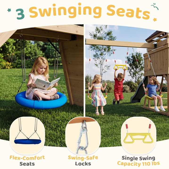 Clouddwell Wooden Swing Sets for Backyard – Outdoor Playset with Wave Slide, Raised Clubhouse, Wooden Bridge, Rock Wall, Belt Swings, Web Swing, Trapeze, Balcony, Climbing Wall & Ladder