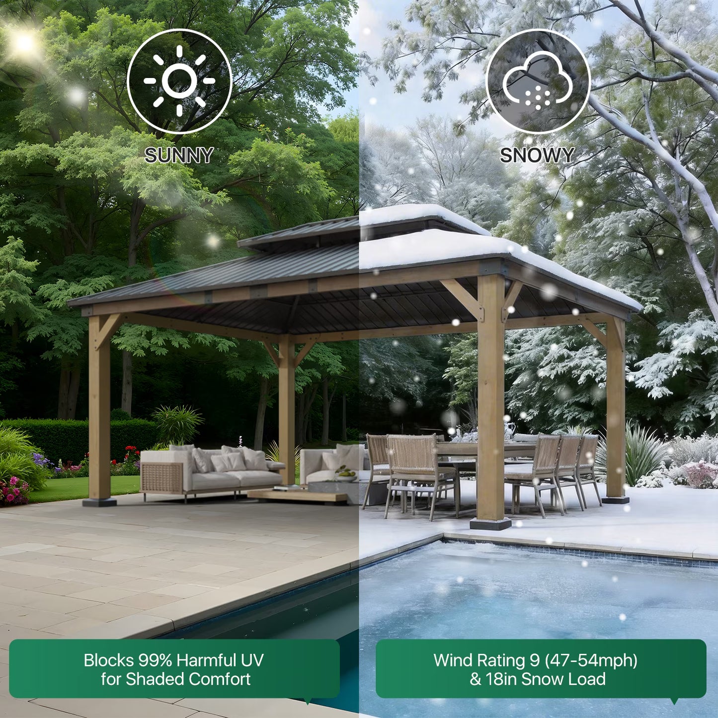 Clouddwell 12*16FT Upgraded Cedar Gazebo,Cedar Hard Roof Gazebo,with Double-Layer Galvanized Steel Roof,Suitable for Backyard,Desk,and Lawn.