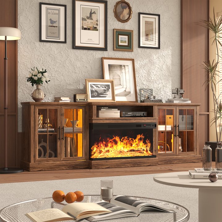 Sonegra 98" Farmhouse TV Stand with Fireplace for TVs up to 100", Media Entertainment Center with Adjustable Shelves and Large Storage Cabinets, for Living Room, Brown