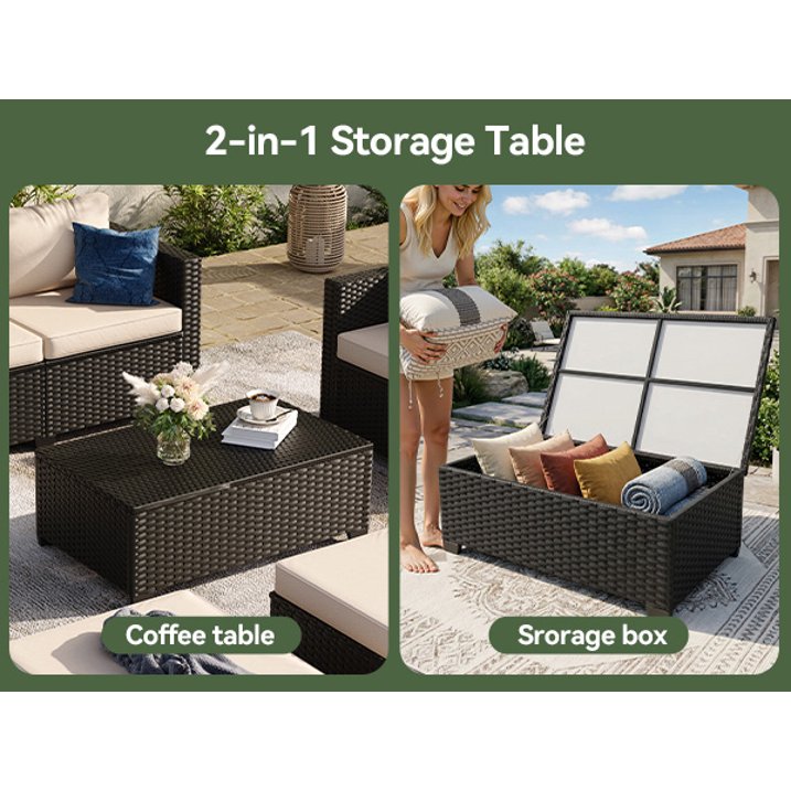 7 Piece Outdoor Wicker Patio Furniture Set, Rattan Sectional Sofa Sets with Beige Cushions