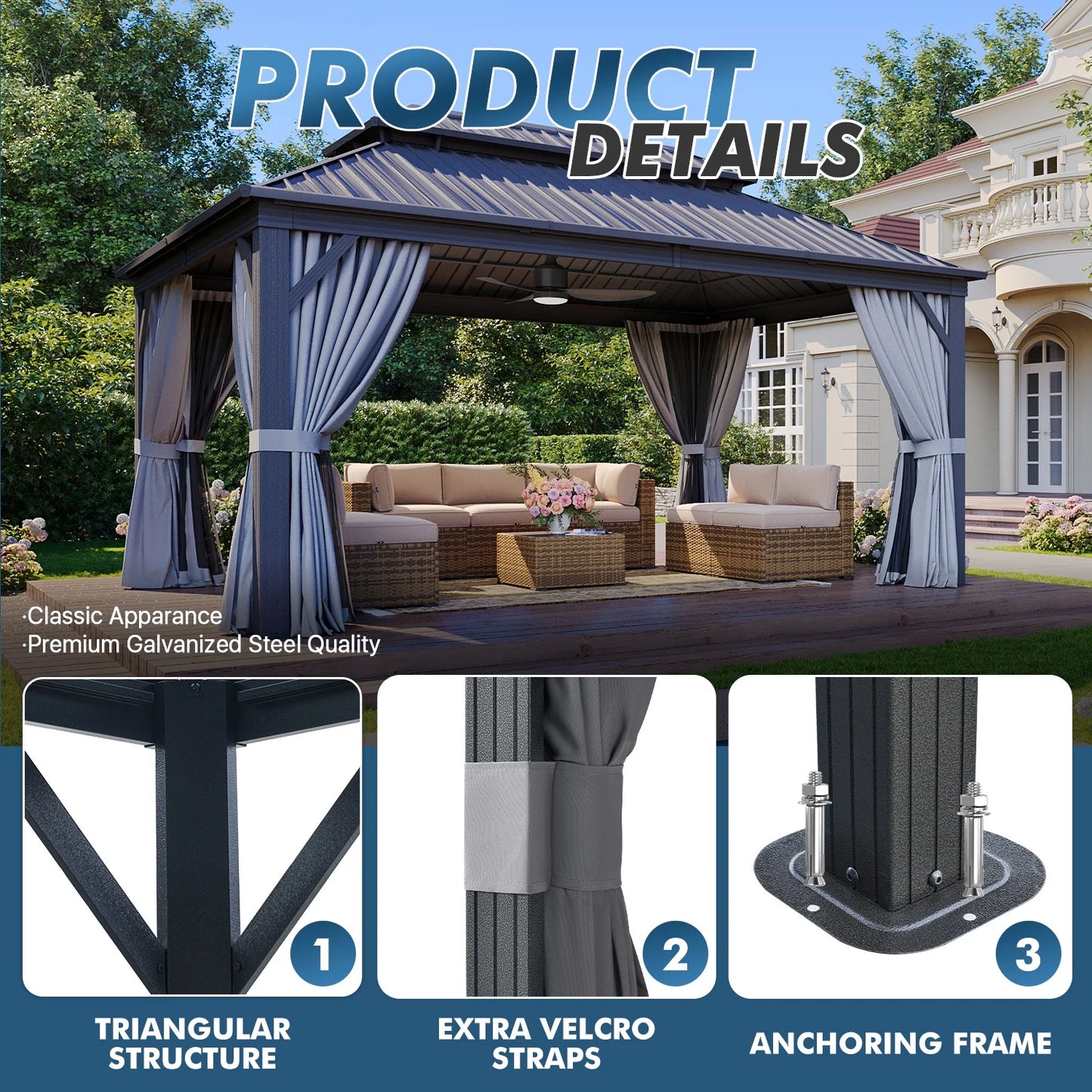 Sumnthink 12'x16' Hardtop Gazebo, Steel Double Galvanized Top Canopy, Aluminum Frame Permanent Pavilion Metal Gazebo with Netting and Curtains, for Patio, Garden, Lawn