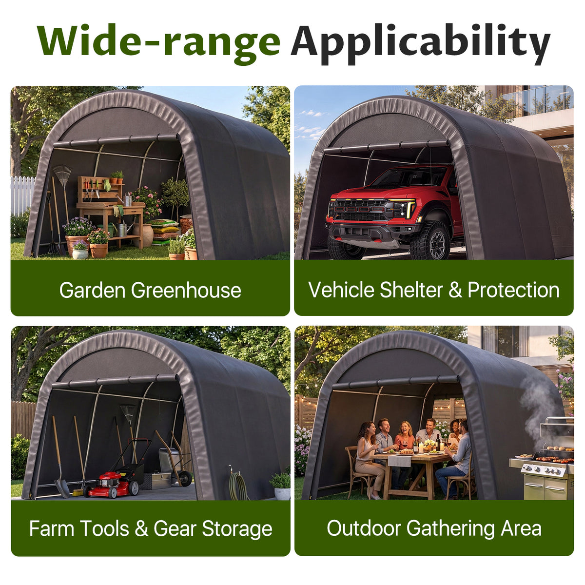 Dateyes 13x20 FT Carport Round Top Shelter, Carport Canopy with Roll-up Doors, Portable Garage Portable Carport with Waterproof UV PE Cover, Car Canopy for Car, Truck, SUV, Boat, Dark Gray