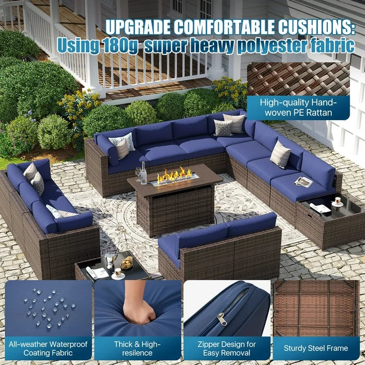 Sunmthink Patio Furniture Sets, 15-Piece Outdoor Patio Furniture with 44'' Propane Gas Firepit Table, Wicker Outdoor Conversation Set and Waterproof Cover for Backyard, Poolside, Garden