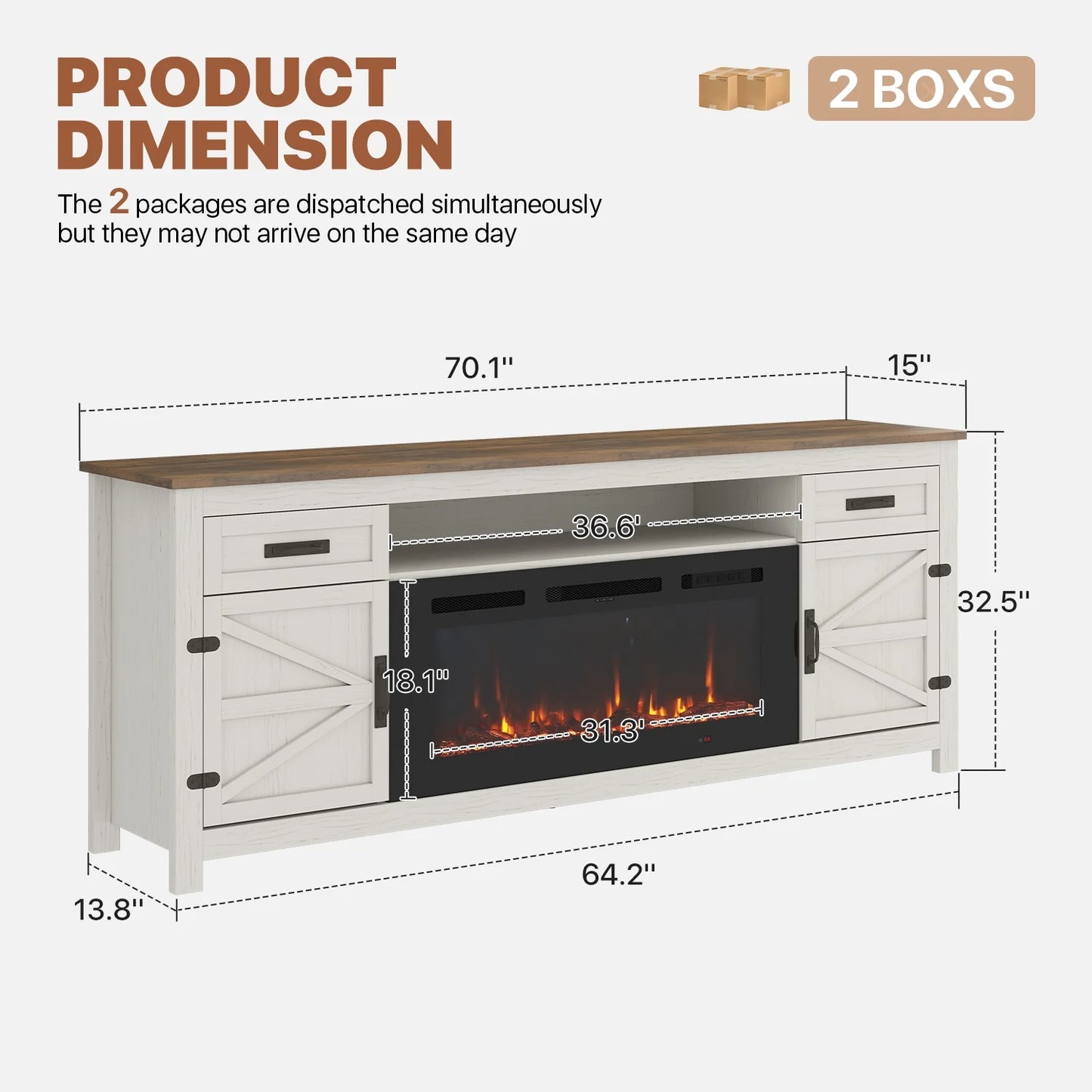 Sonegra Fireplace TV Stand with Barn Door for TVs up to 80", Farmhouse 70" Fireplace Entertainment Center, TV Console with Storage Cabinets for Living Room, White