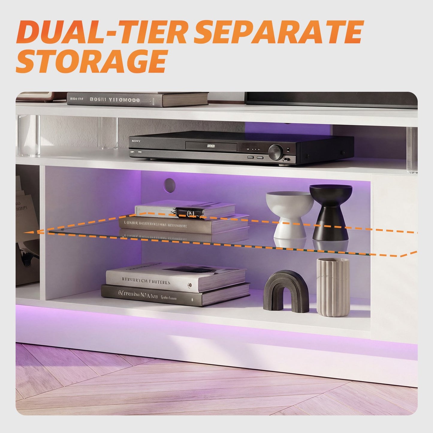 Sonegra 80” High-Glossy TV Stand with 2 Side Cabinets, Modern Stylish TV Console with 3 Layer LED Lights,Gaming TV Media Console with Adjustable Glass Shelf, White