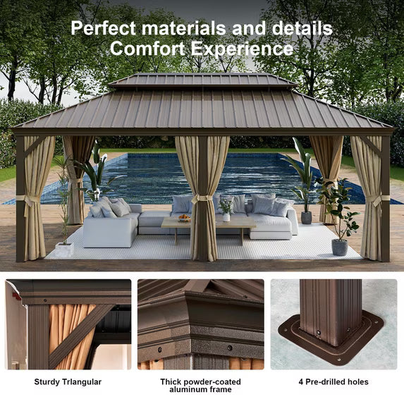 Aoxun 12'x20' Hardtop Gazebo, Outdoor Steel Double Roof Canopy, Aluminum Frame Permanent Pavilion with Curtains and Netting, Sunshade for Garden, Patio, Lawns
