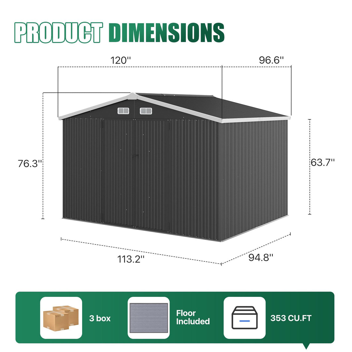 Clouddwell 10x8 FT Outdoor Metal Storage Shed with Floor (12mm PP Floor) & Double Doors for Patio, Backyard - Black