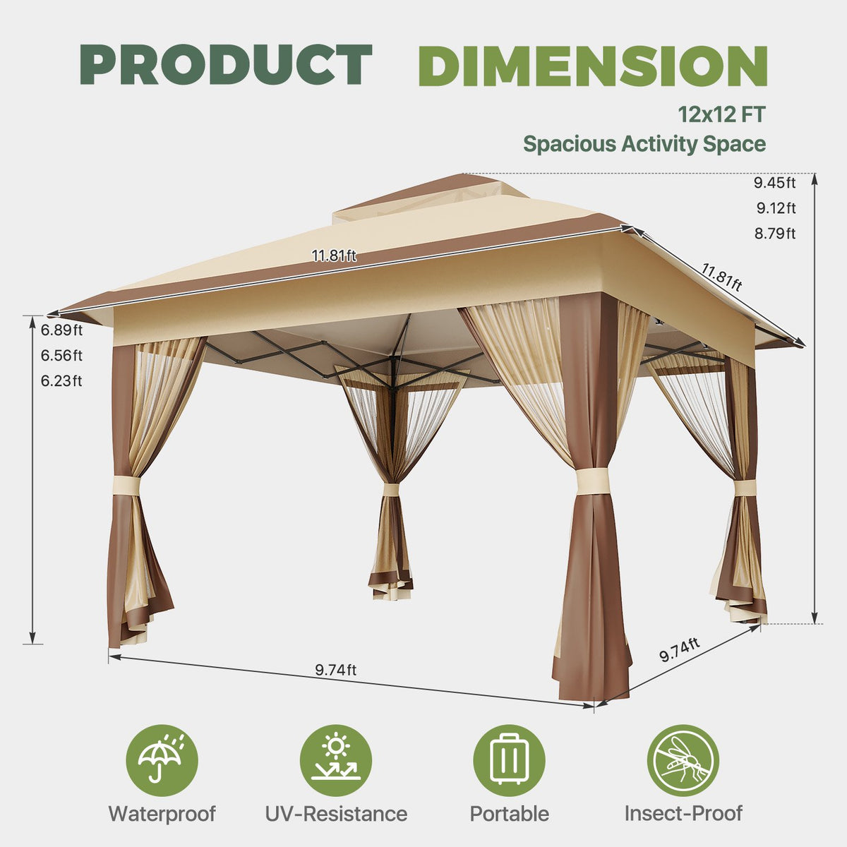 Dateyes 12x12 FT Pop Up Gazebo, Outdoor Gazebo Canopy with Mosquito Netting, 3 Adjustable Heights, Portable Patio Gazebo Tent for Backyard, Patio, Brown