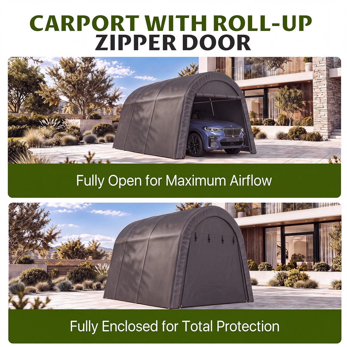 Dateyes 10x20 FT Carport Round Top Shelter, Carport Canopy with Roll-up Doors, Portable Garage Portable Carport with Waterproof UV PE Cover, Car Canopy for Car, Truck, SUV, Boat, Dark Gray