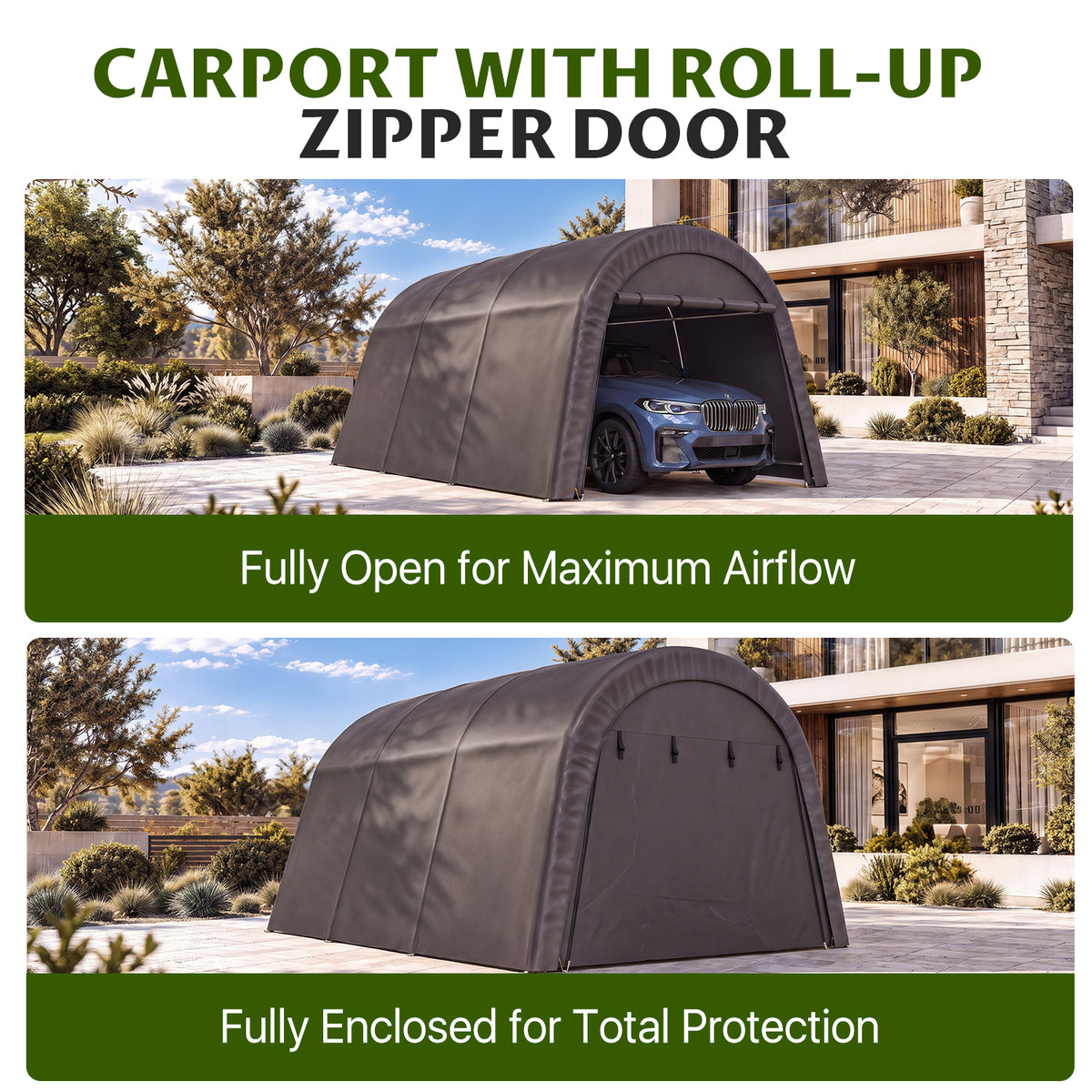 Dateyes 13x20 FT Carport Round Top Shelter, Carport Canopy with Roll-up Doors, Portable Garage Portable Carport with Waterproof UV PE Cover, Car Canopy for Car, Truck, SUV, Boat, Dark Gray
