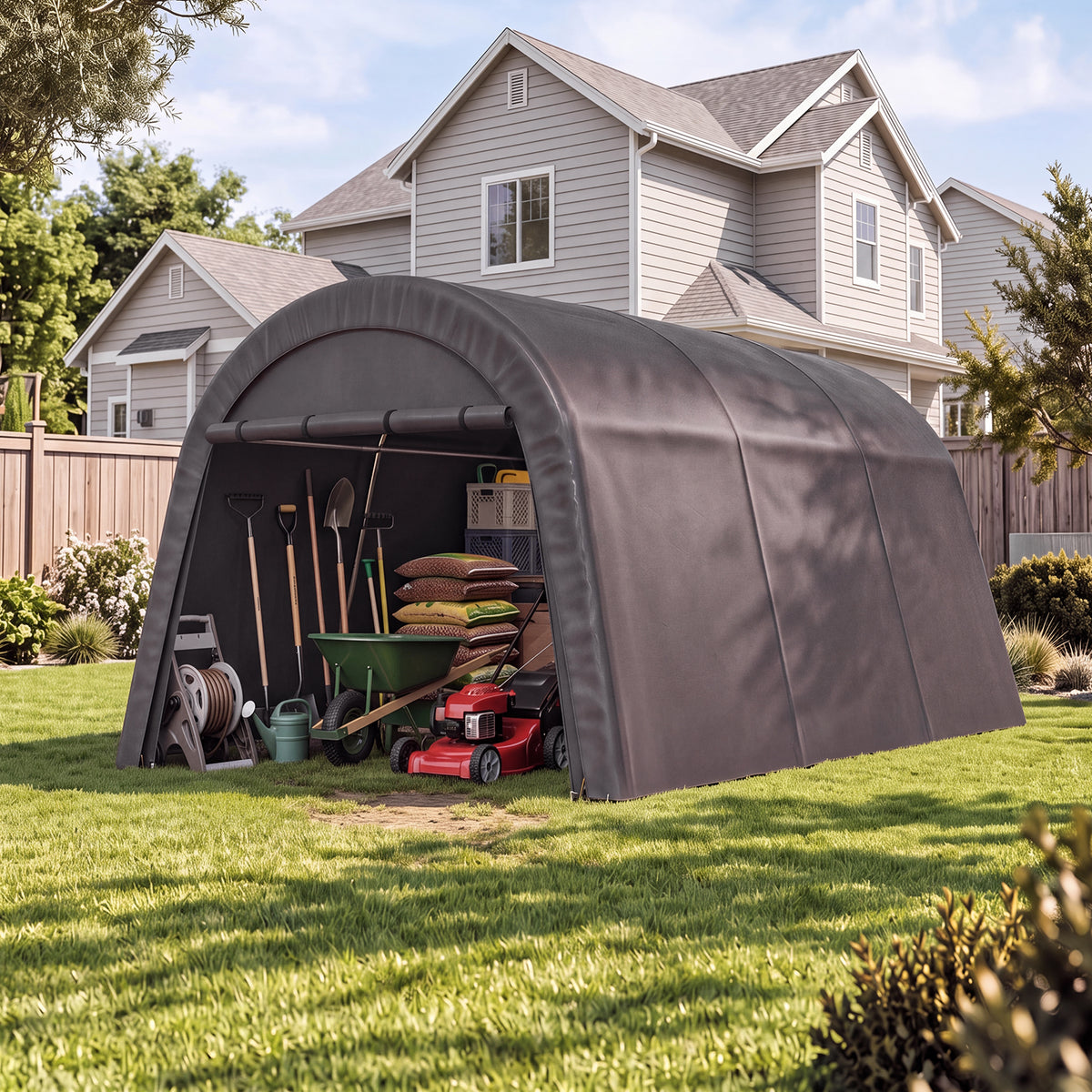 Dateyes 10x20 FT Carport Round Top Shelter, Carport Canopy with Roll-up Doors, Portable Garage Portable Carport with Waterproof UV PE Cover, Car Canopy for Car, Truck, SUV, Boat, Dark Gray