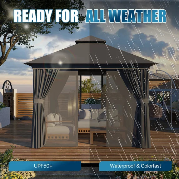 Sunmthink Outdoor Gazebo for Patio 10'x10', Metal Frame Canopy with Double Roofs, Heavy Duty Party Tent and Shelter with Mosquito Netting and Privacy Screen for Backyard,Garden,Deck (Gray)
