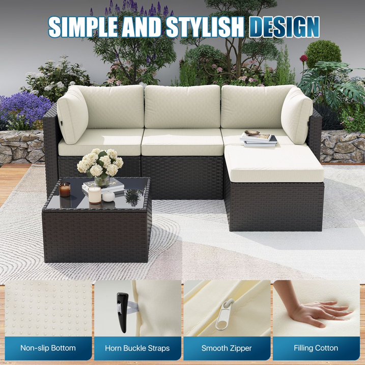 Dateyes 5 Pieces Patio Furniture Set, All-Weather Wicker Rattan Patio Sectional Sofa Set with Coffee Table and Waterproof Cover(Off-White)