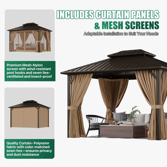 Dateyes 12x10 FT Outdoor Hardtop Gazebo, Aluminum Frame Gazebo with Removable Mesh Walls and Curtains for Patio, Lawns, Brown
