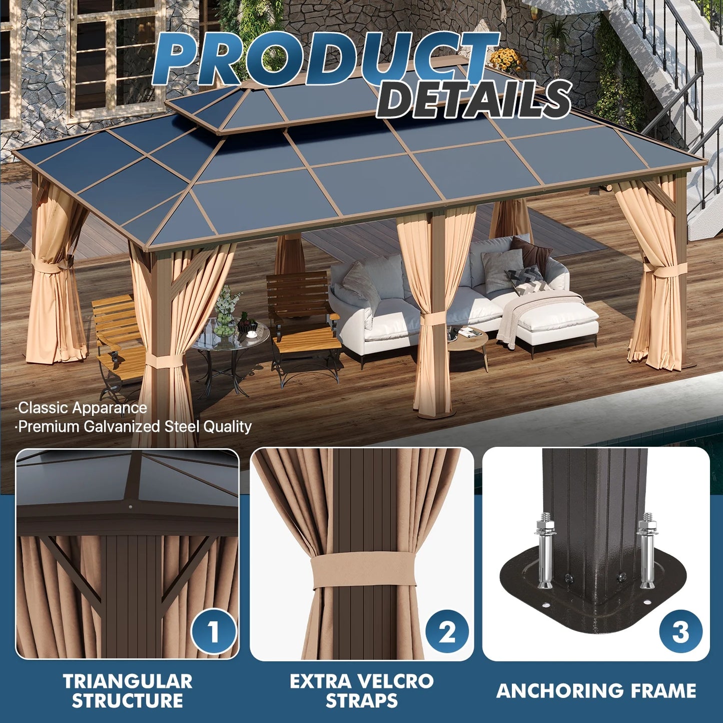 Sunmthink 12' x 20'Hardtop Gazebo,Polycarbonate Double Roof,Aluminum Frame with Curtains and Netting for Patio,Garden,Brown