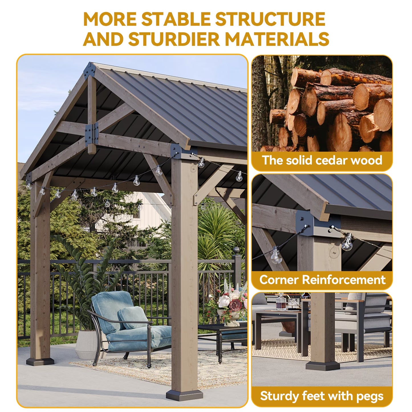 Sunmthink 10' x 12' Outdoor Wood Frame Gazebo, Hardtop Gazebo with Galvanized Steel, Permanent Wooden Pavilion for Patio Backyard Lawn Garden