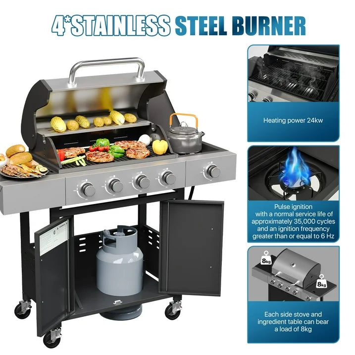 Sunmthink 4 Burner Propane Gas Grill, Stainless Steel, Built-in Thermometer, 4 Swivel Casters, and Side Table, Suitable for Camping, Outdoor Cooking, Patio, and Garden