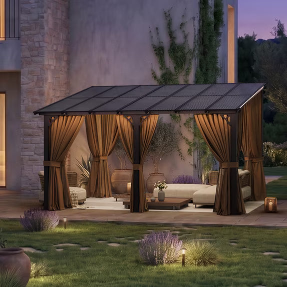 Dateyes 14‘x10’ Wall-Mounted Patio Gazebo with Durable Polycarbonate Roof, Full Bug Screens & Privacy Panels