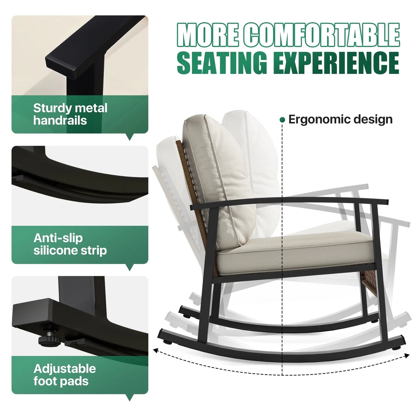 Clouddwell 3-Piece Patio Furniture Set,Steel Rocking Chair with Comfortable Cushions and Coffee Table.for Garden,Yard off-White