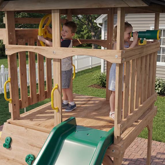 Clouddwell Wood Swing Set with Wave Slide, Play Deck, Rock Wall Ladder, Belt Swings, Chalkboard, Canopy Roof, Outdoor Playset