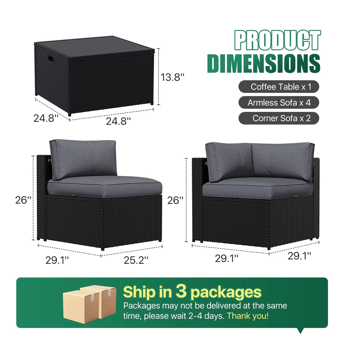 Clouddwell 7-Piece Patio Furniture Set On Sale, Black Rattan Wicker Outdoor Sectional Sofa Couch with Table Patio Conversation Set for Lawn& Backyard,Gray