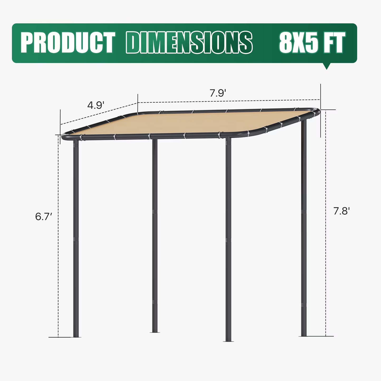 Clouddwell 8×5 FT Wall-Mounted Sloped Roof Outdoor Pergola Canopy, Water-Resistant & UV-Resistant Metal Patio Gazebo for Backyard Garden Porch in Khaki