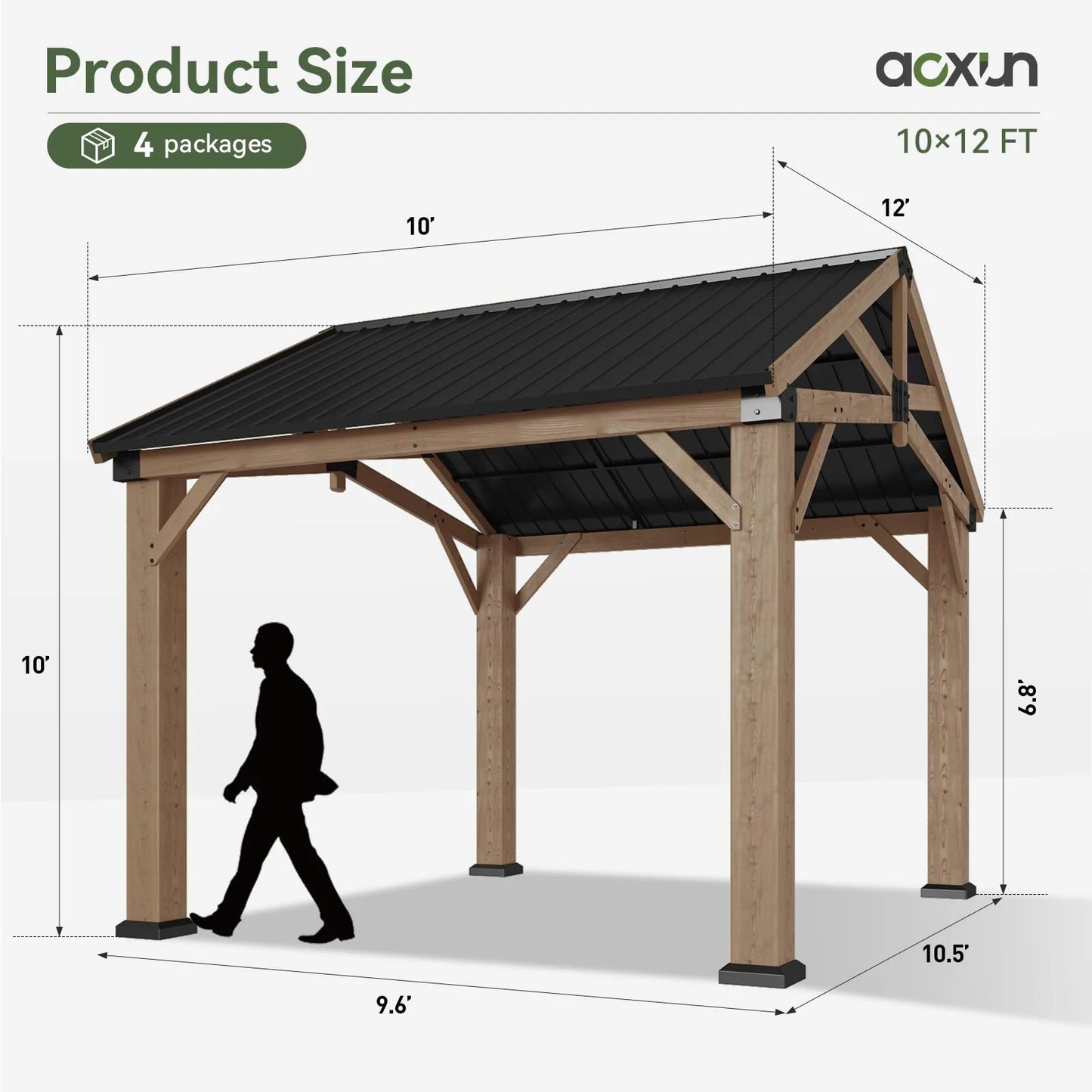 Aoxun 10' x 12' Outdoor Wood Gazebo, Hardtop Gazebo Permanent Wooden Pavilion with Galvanized Steel Gable Roof, for Patio, Garden, Deck, Cedar Wood